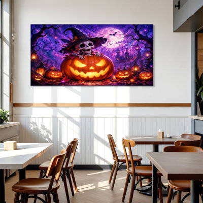 Canvas Wall Art Skeleton Witch Hat Glowing Pumpkin Spooky Halloween Night Scene Wall Decor for Living Room Bathroom Bedroom Office 24"H x 48"W Art Paintings, Ready to Hang