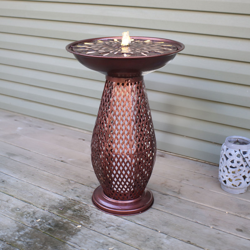 Brown Metal Crosshatch Bird Bath Fountain with LED Lights