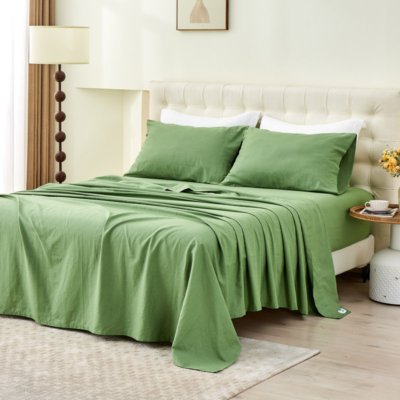 Linen Cotton Flat Sheet(Khaki Green,King), Khaki Green, King