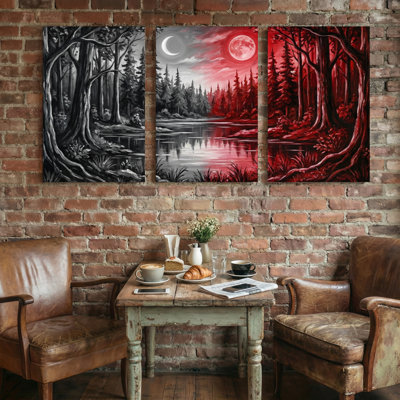 Paysage, nature, forêt, rivière de lune, rouge, noir, blanc, arbres, reflet