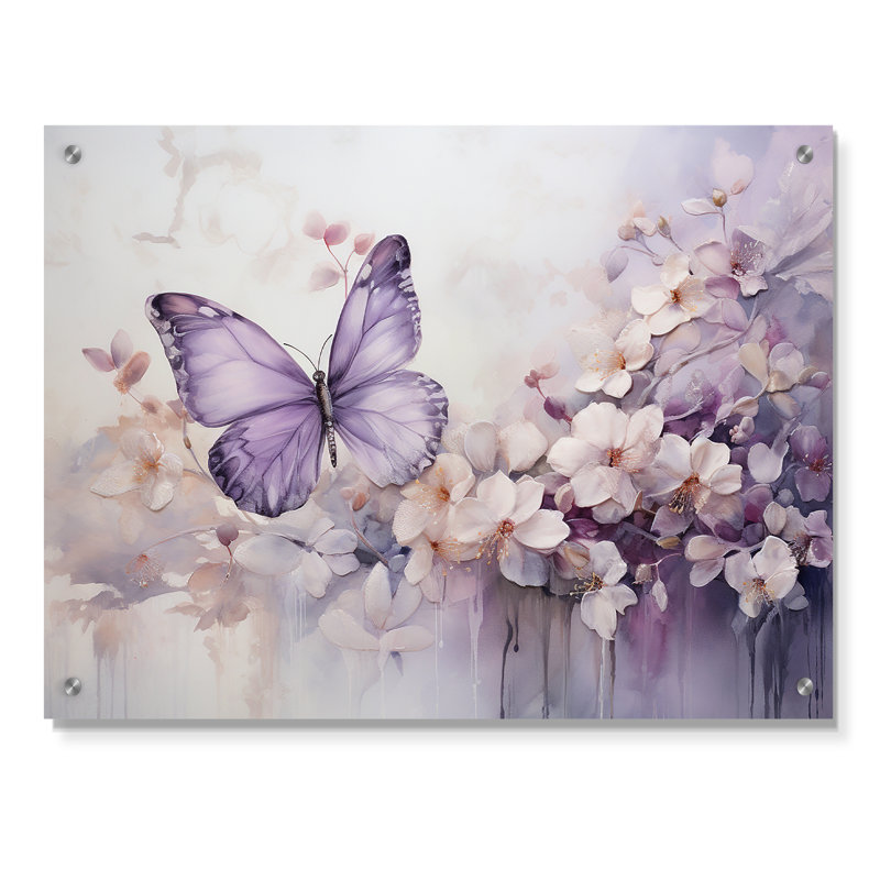 Papillon mauve «Enchanted Flight II» - Art mural acrylique sur verre, H 12 po x l 20 po