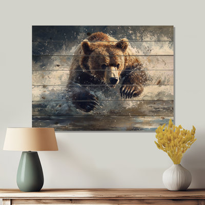 Bear Running In The River II - Bear Wood Wall Decor - On Natural Pine Wood