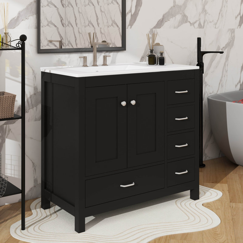 Meuble-lavabo de salle de bain 36 po avec lavabo 36 po - 5 tiroirs pratique, Noir, Blanc