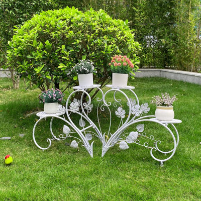 Plant Stand Heart Shaped, Metal Flower Racks outdoor | Potted Iron Planter Display Shelves Holder, Set of 2, (White)