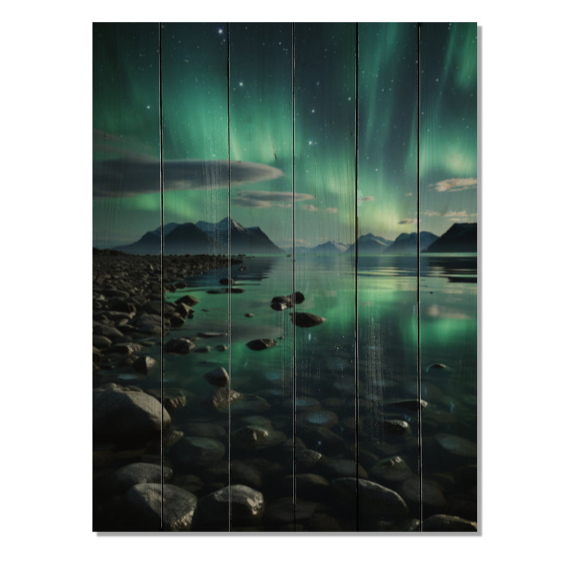 Aurore boréale, symphonie de l'aurore III sur bois, H 40 po x l 30 po x P 0,78 po