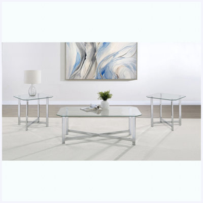 Modern Chrome 3-Piece Coffee Table Set, Sleek Complete Living Room Table Set