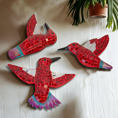 Mosaic Glass Tile Hummingbirds In Red 