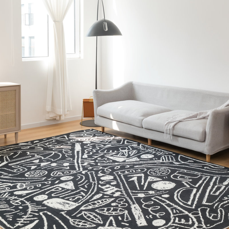 Tapis noir en polyester tissé à la machine Sportsglyphs, Noir, Rond 6 pi