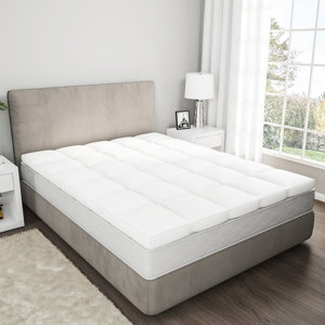 Pillow Top Mattress Topper - White Plush and Supportive Baffle Box Down and Duck Featherbed with 4-Inch Gusset and Cotton Cover by Lavish Home
