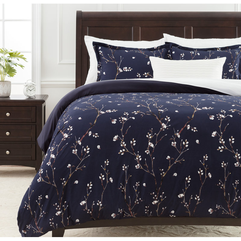 Ultra Soft Sakura Cherry Tree Reversible Duvet Cover Set, Queen Duvet Cover + 2 Shams, Blue