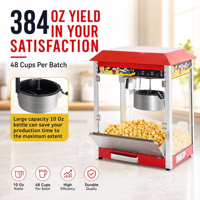Machine à maïs soufflé de comptoir de 10 oz, popcorn de cinéma 1300 W, 60 tasses par lot, commande à 3 interrupteurs avec cuillères à mesurer