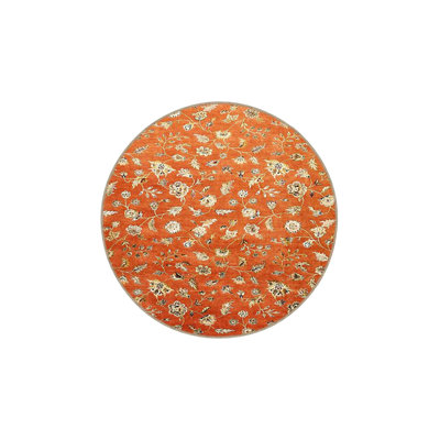 Orange Framed Floral Patterned Modern Decorative Washable Rug