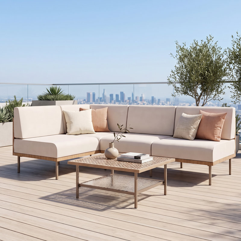 Ensemble de conversation d'angle en résine tressée à la main pour patio, avec coussins épais et table., Beige