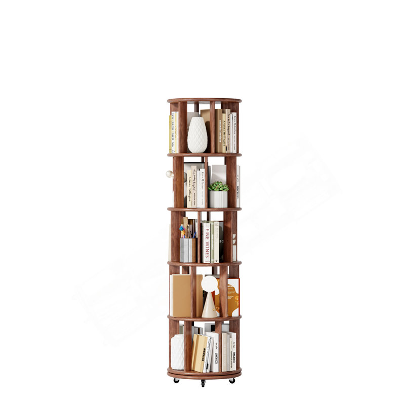 100%Solid Wood Rotating Bookshelf On Wheels,5 Tier, Round Revolving Bookcase, 360° Spinning Book Shelf Tower For , Narrow Rolling Bookshelves For Small Space, Corner, Bedroom, Office, Walnut
