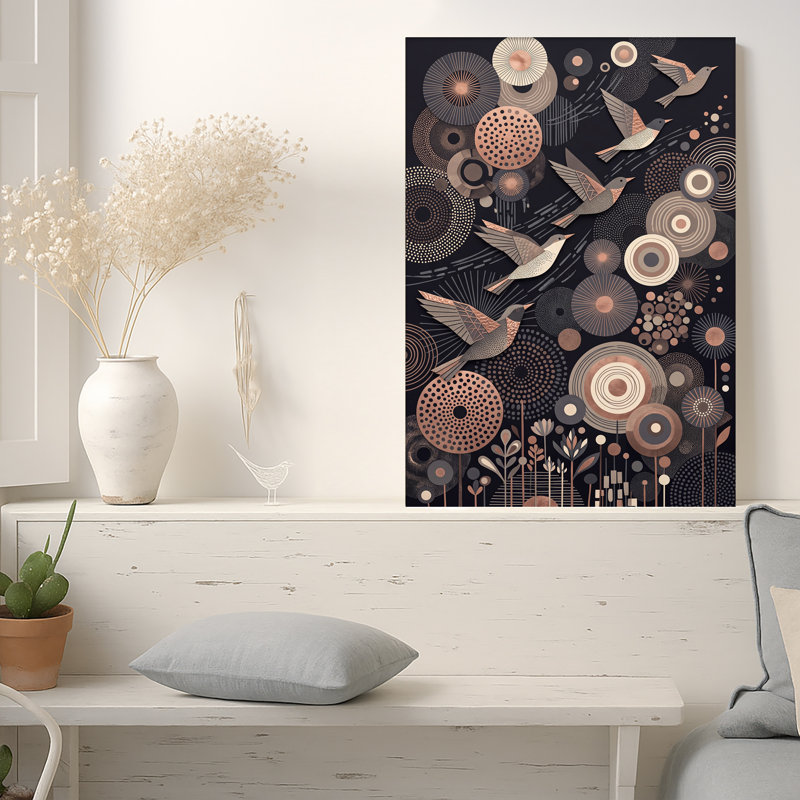 Quatre oiseaux cuivrés survolant des cercles floraux abstraits, art mural sur toile, 36"H x 24"W