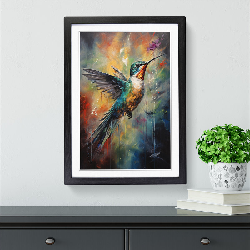 Hummingbird Gestural No.2 - Single Picture Frame Print on Wood, Black, 34cm H x 25cm W x 2cm D