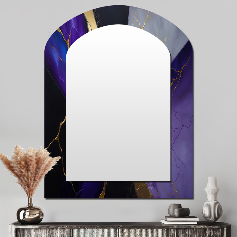 Abstrait géométrique mauve II - miroir mural asymétrique unique en marbre, miroir arqué moderne, impression d'art en métal