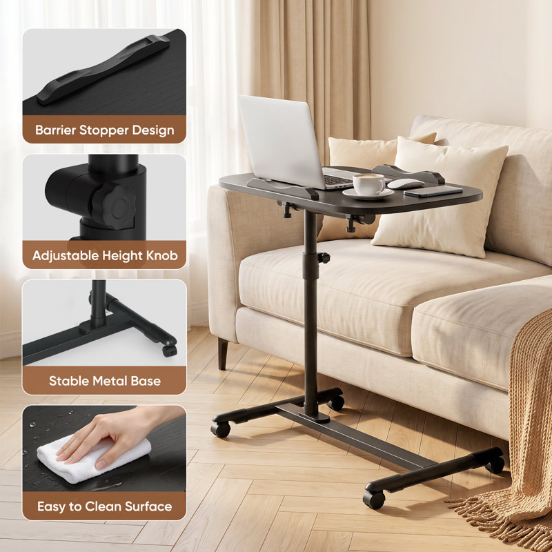 Table mobile à hauteur réglable pour bureau à domicile avec roulettes et bureau mobile, Noir