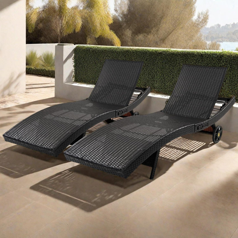 80" Patio Wicker Chaise Lounge Chairs Set of 2 with Adjustable Backrest & Wheels, Black Brown