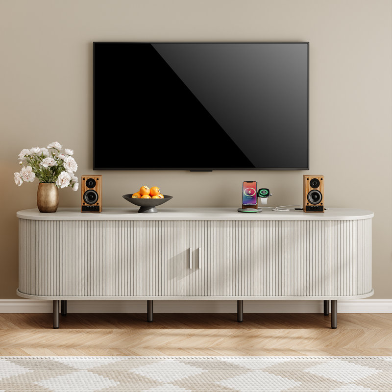Meuble télé pour téléviseur de 80 po ou moins en bois manufacturé et moderne, 21.7" H x 68.9" W x 15.7" D, Blanc