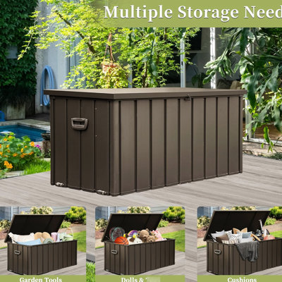 150 Gallon Patio Garden Tools Waterproof Storage Box - Dark Brown Lockable Deck Outdoor For Cushions & Pillows
