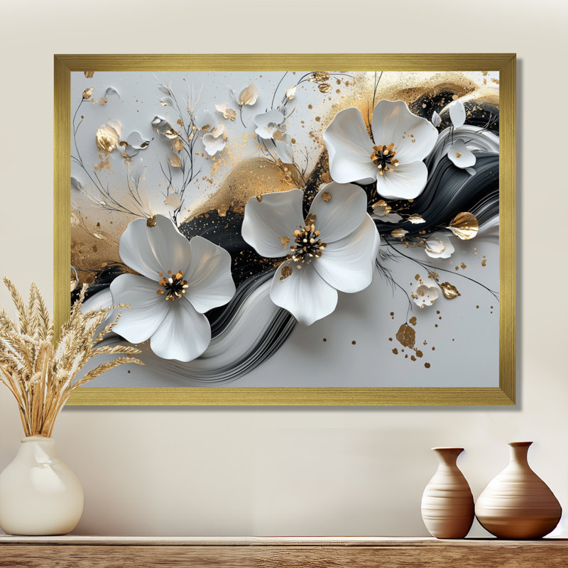 Amezquita - Floral Large Wall Art, Single Picture Framed, 12" H x 20" W, Gold