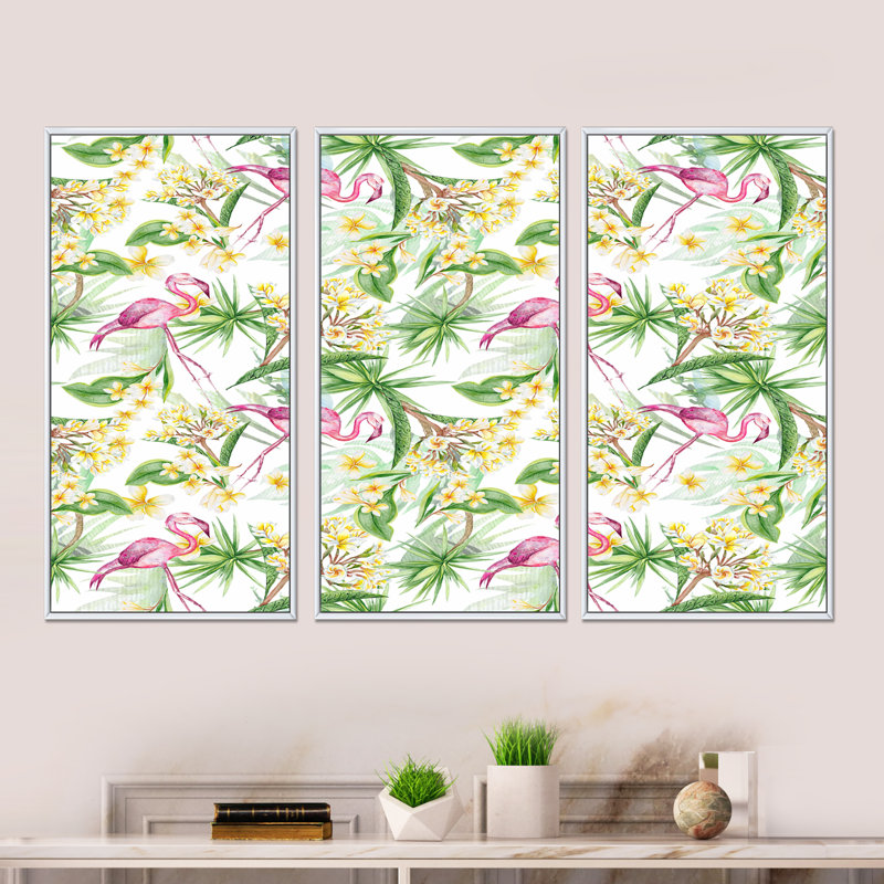 Feuillage tropical, fleurs jaunes avec flamant IV - ensemble d'art mural moderne sur toile encadrée 3, Blanc