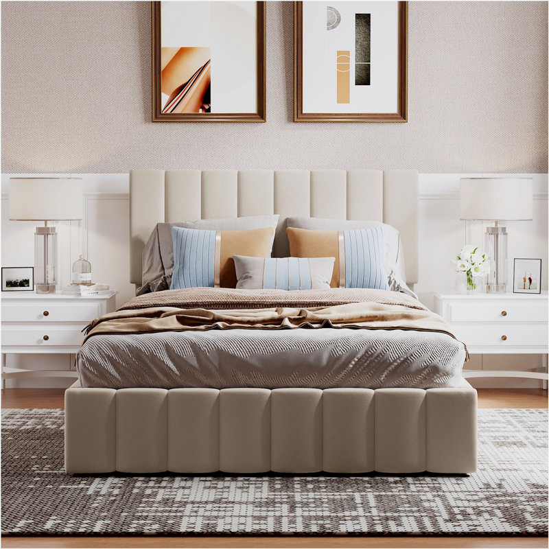 Lit plateforme tapissier avec rangement et tête de lit capitonnée, Beige dupliqué, Grand