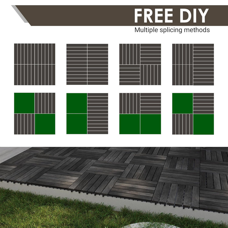 27 tuiles de terrasse en bois d'acacia emboîtables de 12 po x 12 po - toutes saisons, Espresso noir