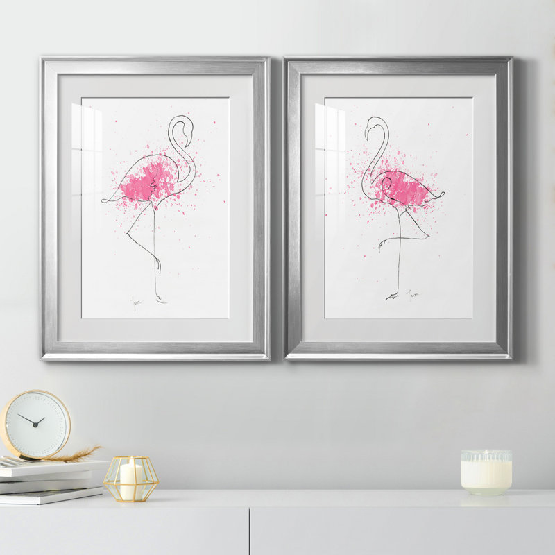 Flamingo Splash I - ensemble de 2 reproductions d'art, H 18,5 po x l 49 po x P 1,5 po, Papier avec cadre argenté, Blanc