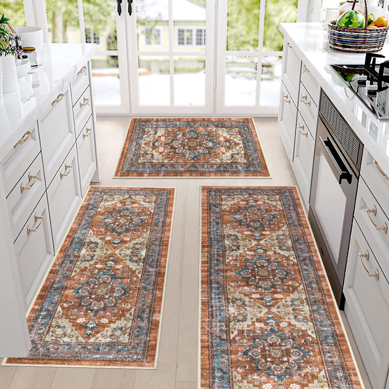 Red and Beige Polyester Non-Slip Washable Kitchen Mat Set