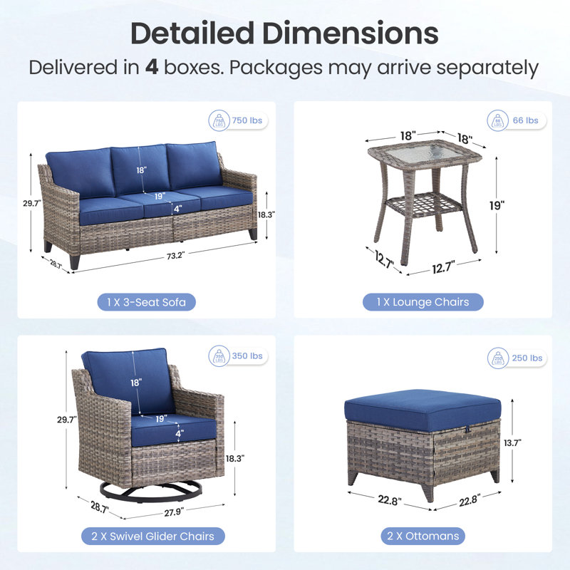 Maelie 6-Piece Outdoor Wicker Patio Conversation Set With Swivel Gliders, Ottomans ＆ Side Table, Blue
