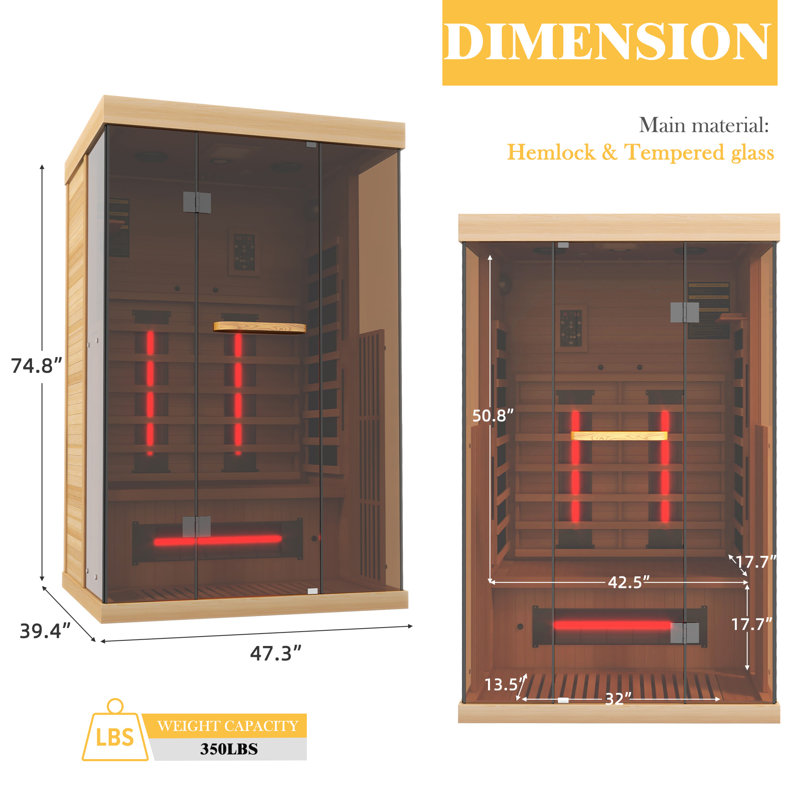 Erommy 2 - Person Indoor Bluetooth Compatible FAR Infrared Sauna in Hemlock