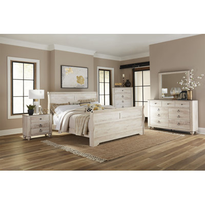 Imerland Contemporary White Wash Finish Bedroom Set With Queen Sleigh Bed, Dresser, Mirror, Nightstand, Chest -  Ophelia & Co., 56AE46BC5D9144F58654FDBE8993BB9B