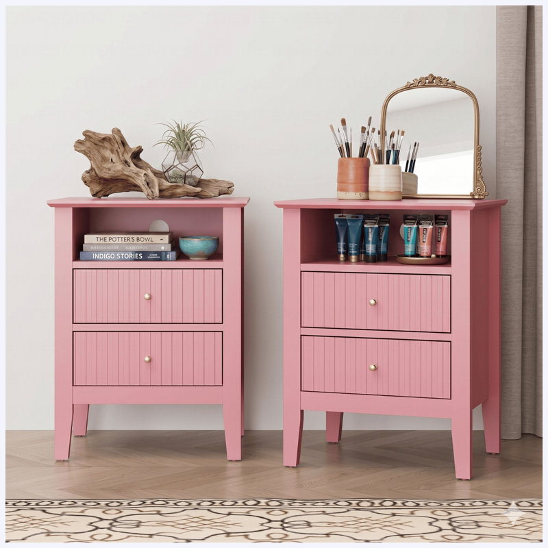 Set of 2 18" Fluted 2-Drawer Nightstands, Modern Pink Bedroom Bedside Tables, Sofa Side End Tables with Storage, Set of 2