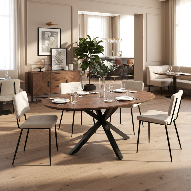 5 Piece Extendable Dining Table Set, Round to Oval Expandable Dining Table with Upholstered Chairs, Walnut