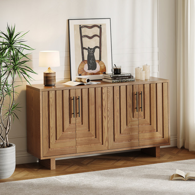 Buffet, armoire de rangement avec 4 portes, armoire d'appoint avec poignées en métal, Naturel