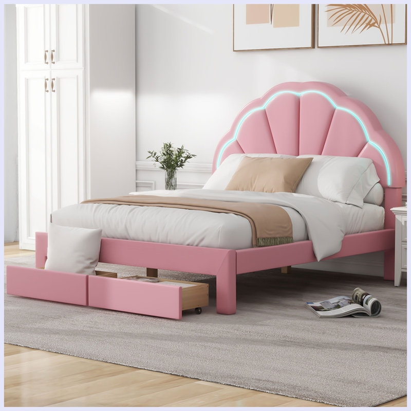 Lit plateforme tapissier moderne avec tête de lit en forme de coquillage, Complète, Rose