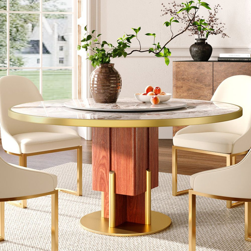 Table de salle à manger en pierre frittée avec plateau tournant amovible pour 6/8/10, Ambre brillant / bordure dorée