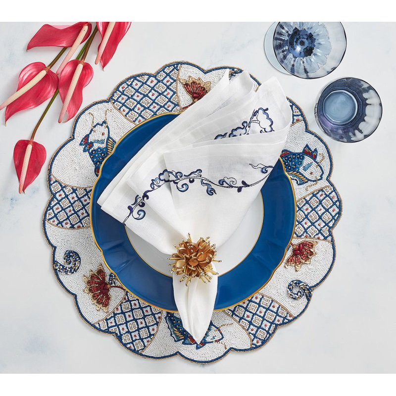 Ming Border Linen Napkin, White/Navy