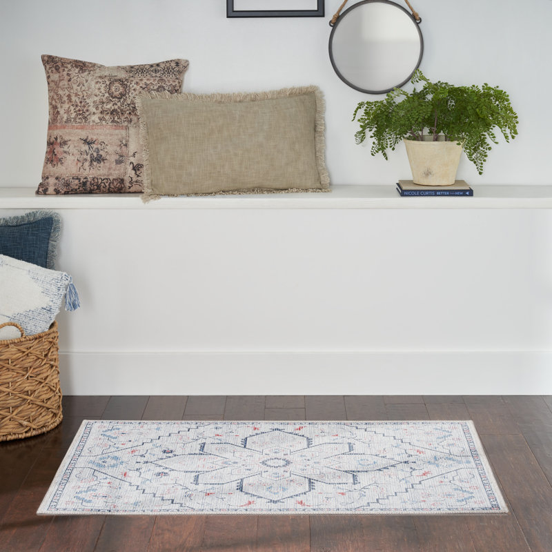 Blue and Ivory Floral Cotton Synthetic Rectangular Area Rug
