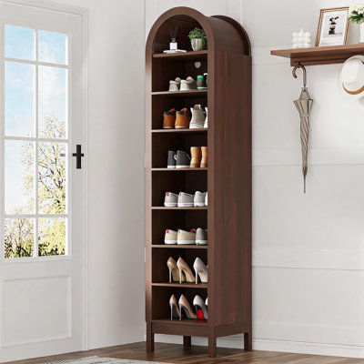 Tall 70" Arched Wooden Shoe Cabinet - Slim Freestanding Shoe Organizer with 8 Adjustable Shelves - Holds 8-18 Pairs - Space-Saving Entryway Storage Rack - Small Red-Brown