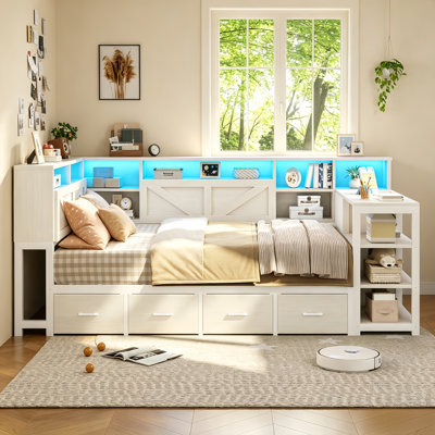 Twin Daybed with 7 Storage Drawers and Desk, Convertible Platform Bed with Bookcase Headboard and Shelves Cabinet, Space-Saving Guest Bed for Small Rooms