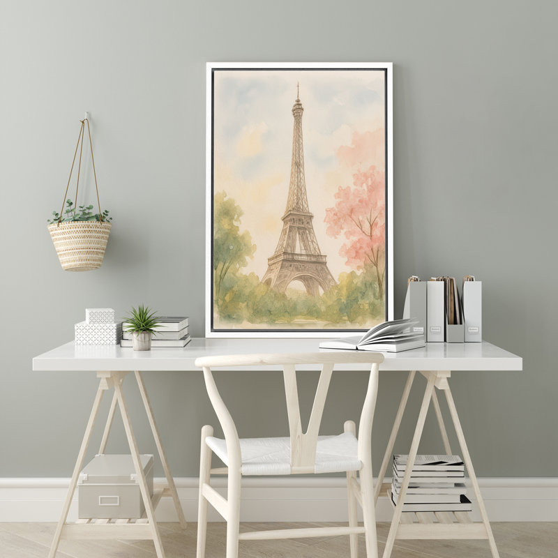 Tour Eiffel Paris Landmark avec doux arbres verts et roses, décoration murale, impression sur toile encadrée