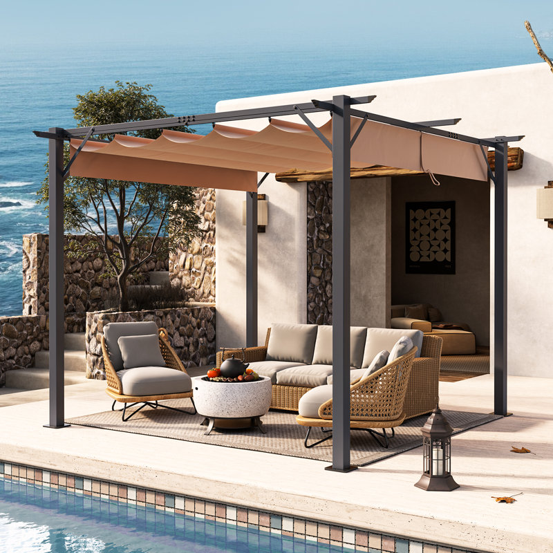 10 ft. W x 10 ft. D Outdoor Metal Pergola with Retractable Canopy and Anchoring Stand, 10 ft. W x 10 ft. D