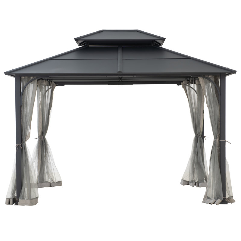 Sunjoy Hardtop Gazebo 10 x 12 ft. Outdoor Gazebo, Heavy Duty Steel Frame Gazebo, Double Roof Metal Gazebo with Ceiling Hook and Removable Netting Sidewalls
