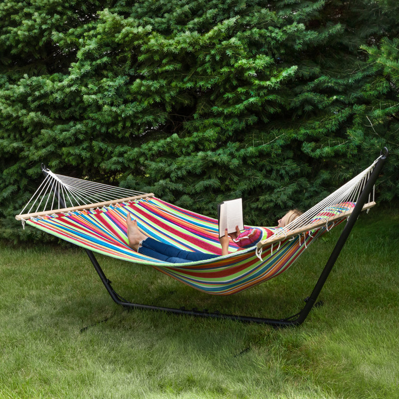 Striped Macrame Quilted Two Person Double Hammock With Pillow - 9' X 55" - Multicolor