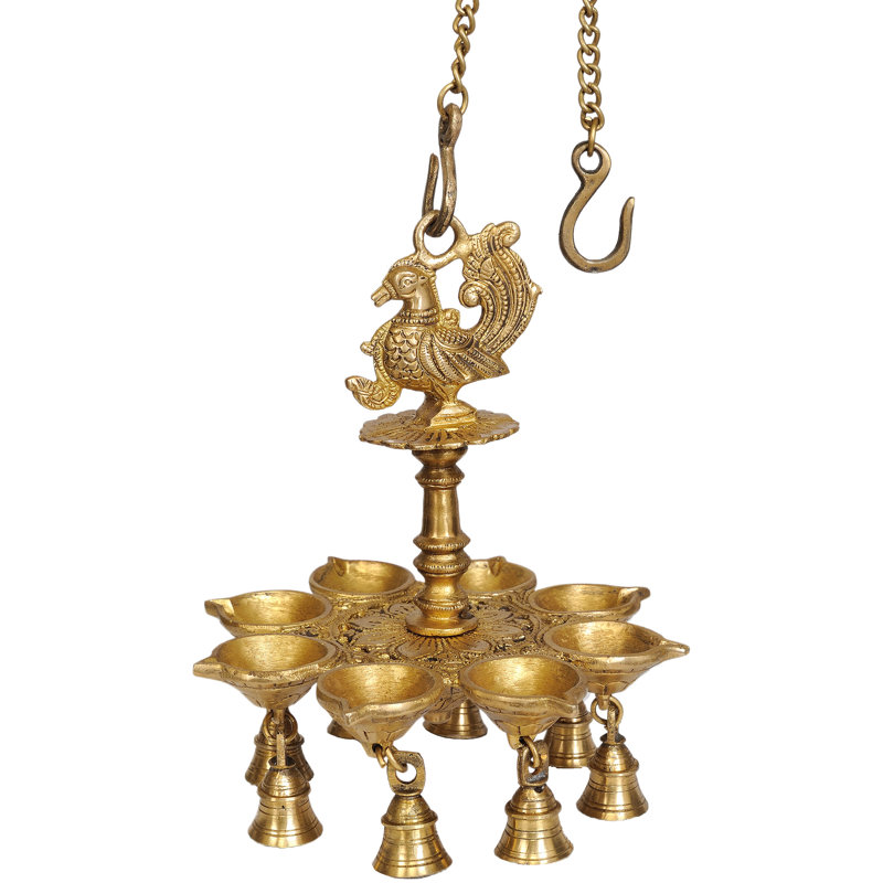 Lampe suspendue paon en laiton fabriquée à la main 10 po avec diable et chaine à 8 mèches Mayur Diya (2,4 kg)