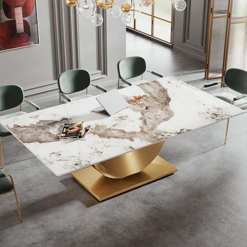 78.7" White Sintered Stone Dining Table with Gold Stainless Steel Base