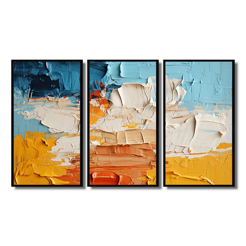 «Southern Sens sensibilité», bleu, jaune, orange, ensemble d'art mural abstrait, Cadre flottant noir